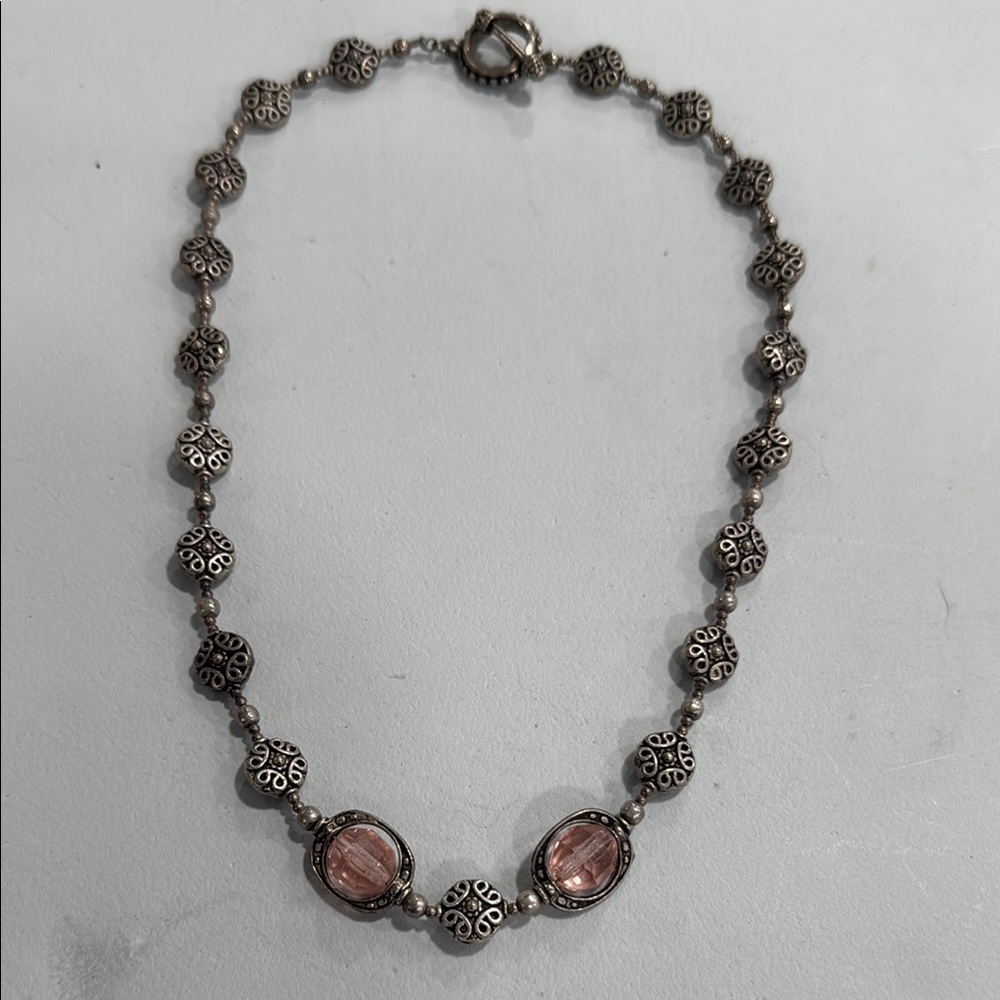 Elegant Silver and Pink Beaded Necklace